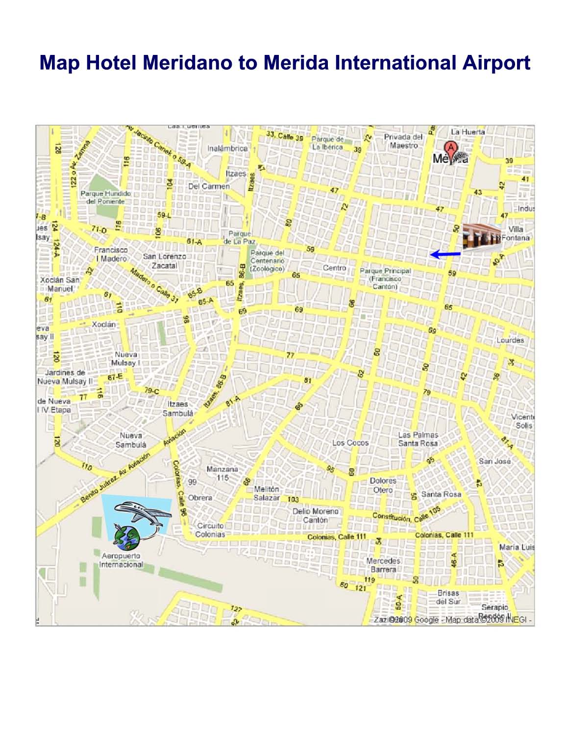 Merida hotel meridano map directions to airport