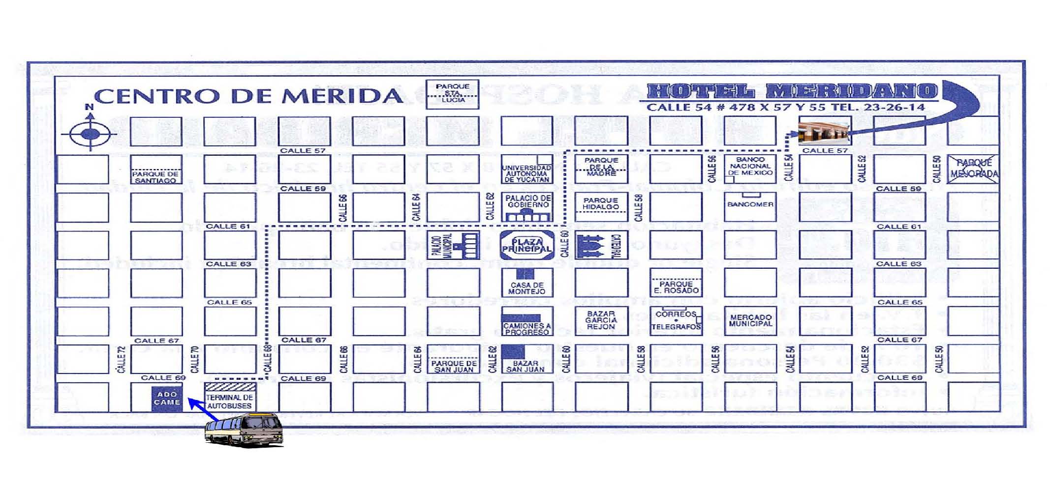 Hotel Meridano Merida historic center map directions to bus station